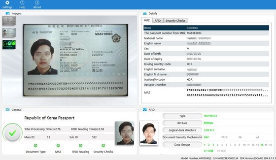 Profundidade de cores de 24 bits Leitor automático de cartão de identificação de passaporte para digitalização inteligente em quiosques OCR